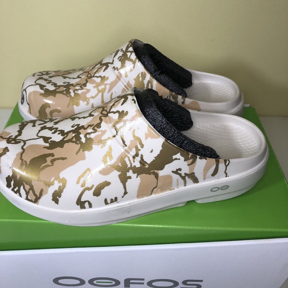 Gold Patterned OOFOS Clogs